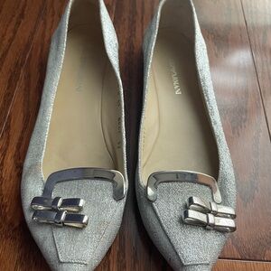 Emporio Armani Silver Pointed-Toe Ballet Flats with Silver Decor